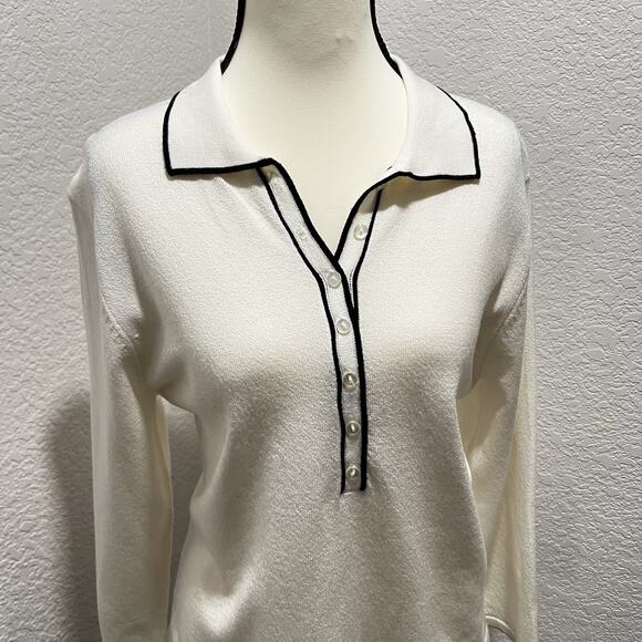 Vintage Norton McNaughton Henley Sweater Women's Med Cream Blue Trim Collar - Picture 2 of 7